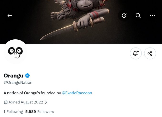 The image shows the X/Twitter profile page for "Orangu" (@OranguNation), displaying an orangutan holding a knife as the banner, with 5,989 followers, joined in August 2022, and a bio stating "A nation of Orangu's founded by @ExoticRaccoon"—aligning with the post's description of the NFT project and its founder's affiliation with OpenSea.