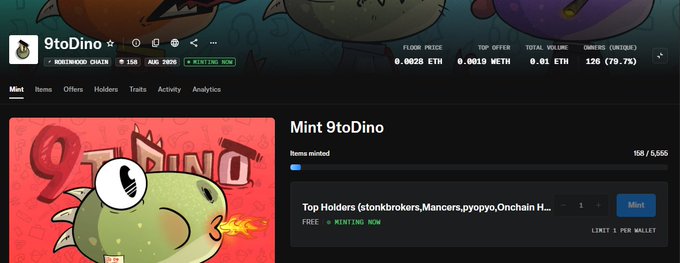 A webpage interface for '9toDino' on the MONSWOOD CHAIN, showing a floor price of 0.0029 ETH and a minting section where 'stonkbrokers' is listed as the top holder with a 'Mint' button visible.