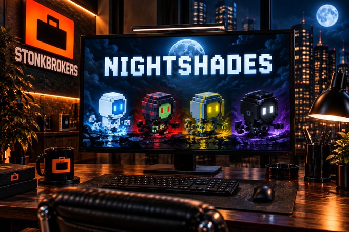 A computer monitor on a desk displays "NIGHTSHADES" pixel-art characters illuminated against a moonlit night backdrop, with the "STONKBROKERS" logo visible on the wall behind.