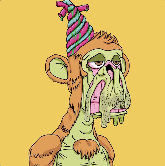 A cartoon illustration of a weary-looking monkey with melting green flesh and a colorful twisted party hat on its head, set against a yellow background. The image ties to the post's "Members Only" Bored Ape Yacht Club reference, likely promoting an exclusive or members-only NFT-related announcement.