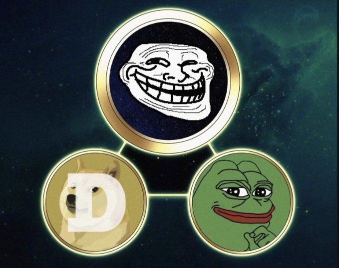A meme graphic featuring three circular icons connected in a triangle: a Trollface at the top, a Dogecoin logo on the bottom left, and a Pepe the Frog on the bottom right, set against a starry space background.