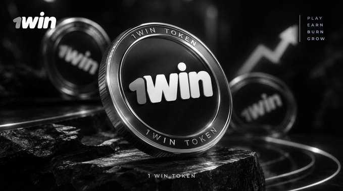 A black-and-white promotional image for "1win" features metallic 1WIN TOKEN coins resting on a dark rocky surface with an upward-trending arrow and the words "PLAY, EARN, BURN, GROW".