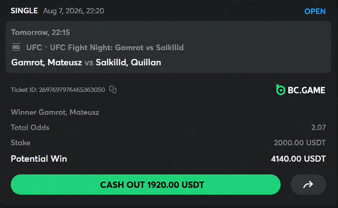 A sports betting interface on BC.GAME showing a single bet for the UFC Fight Night: Gamrot vs Salkilld, wagering 2000.00 USDT to potentially win 4140.00 USDT.