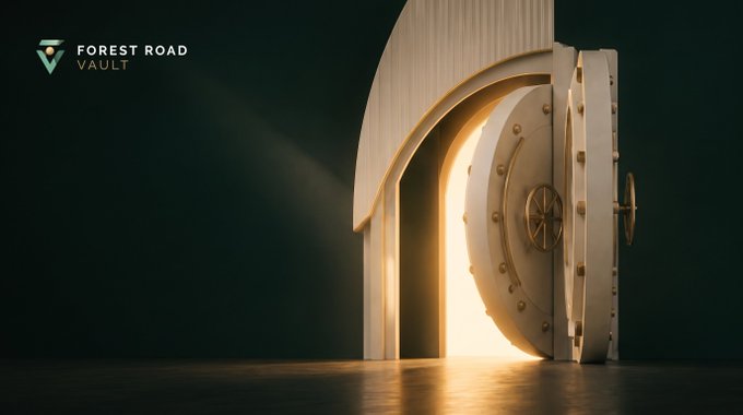 A 3D-rendered image shows a large, partially open vault door with bright light streaming in, branded with the 'FOREST ROAD VAULT' logo.