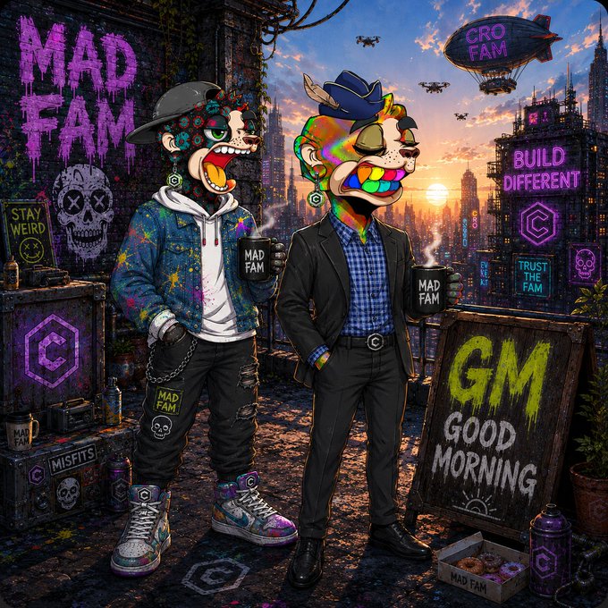 A vibrant digital illustration featuring two cartoon characters in a graffiti-covered urban setting with "MAD FAM," "CRO FAM," "BUILD DIFFERENT," "TRUST THE FAM," and "GM GOOD MORNING" text visible, along with "MISFITS" branding and an "M" logo.