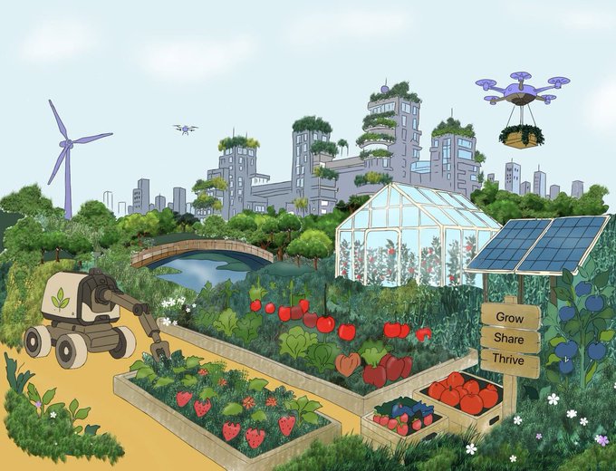 An illustrated futuristic eco-city scene shows a community garden with strawberries, tomatoes, and solar panels in the foreground, green-roofed skyscrapers, a wind turbine, a greenhouse, and a drone in the sky, with a sign reading 'Grow Share Thrive'.