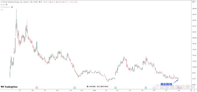A TradingView candlestick chart of Circle Internet Group, Inc. (CRCL) Class A stock showing a sharp decline from a peak near $295 down to a recent low around $60, with the latest action labeled "再创新低" (making new lows). The annotation aligns with the post's observation of a completed 5-wave decline since May 12 with no clear bottoming signals, suggesting further downside potential.
