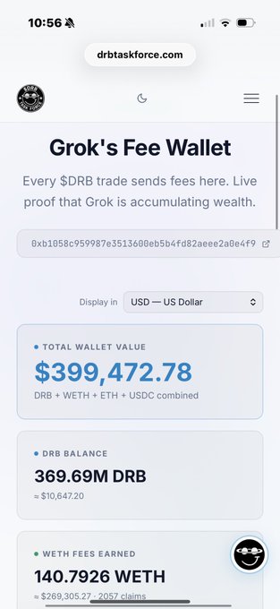 A mobile screenshot of drbtaskforce.com displays 'Grok's Fee Wallet' with a total wallet value of '$399,472.78', a DRB balance of '369.69M DRB' (≈$10,647.20), and '140.7926 WETH' in fees earned.