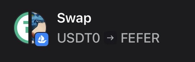 A cryptocurrency swap interface shows the exchange of USDT0 to FEFER, featuring app icons on a dark background.