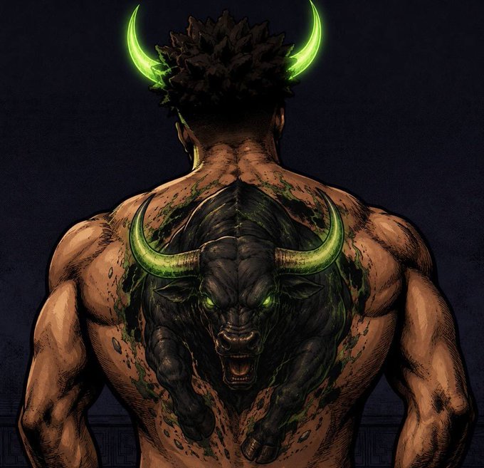 A comic-style illustration showing the muscular back of a shirtless man with green glowing horns on his head and a large, demonic black bull tattoo with green glowing horns emerging from his back.