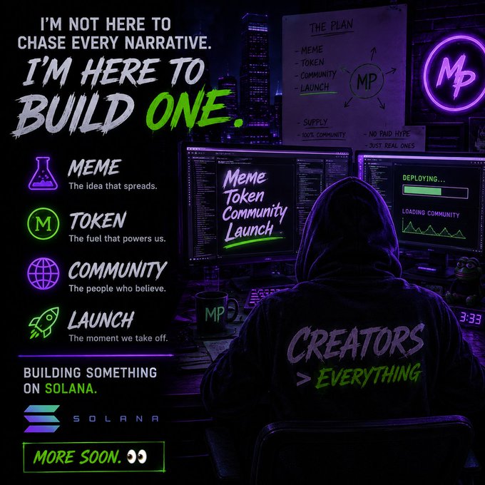 A promotional graphic titled 'I'M NOT HERE TO CHASE EVERY NARRATIVE. I'M HERE TO BUILD ONE.' outlines a plan for Meme, Token, Community, and Launch on the Solana blockchain, showing a hooded figure at a computer.