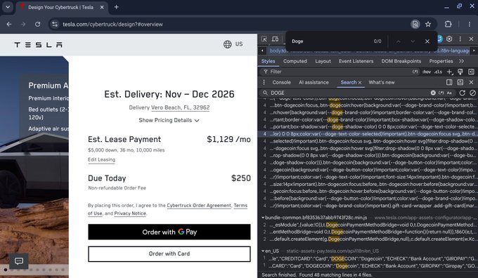 A screenshot of the Tesla Cybertruck design page on tesla.com, showing an estimated delivery of Nov-Dec 2026 to Vero Beach, FL, with a monthly lease payment of $1,129 and a $250 due today, alongside browser developer tools displaying HTML code.