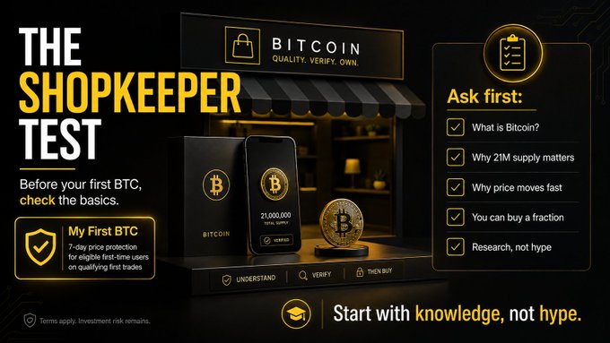 The image is a Bitcoin educational graphic titled "THE SHOPKEEPER TEST," featuring a branded storefront display with a Bitcoin coin, a smartphone showing "21,000,000 TOTAL SUPPLY," and a checklist prompting beginners to ask key questions like "What is Bitcoin?" and "Why 21M supply matters" before purchasing. It reinforces the post's analogy by urging new investors to research and verify before buying, advertising a "7-day price protection" program called "My First BTC" with the tagline "Start with knowledge, not hype."