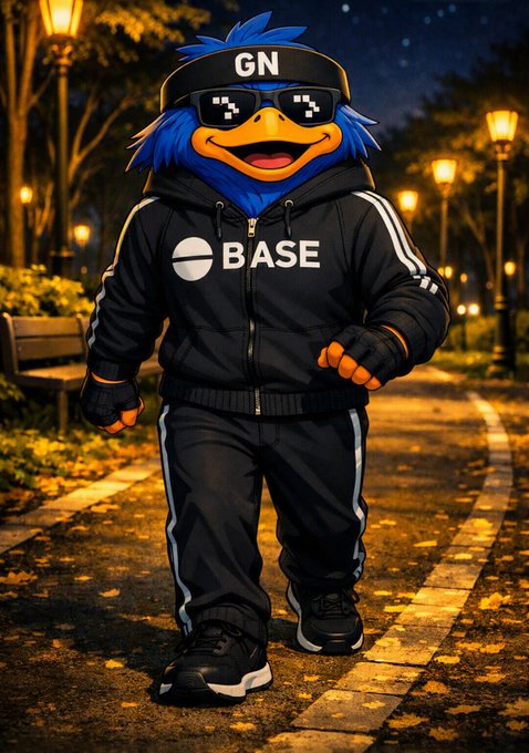 An anthropomorphic blue penguin character wearing pixelated sunglasses, a 'GN' visor, and a black 'BASE' tracksuit standing on a park path at night.