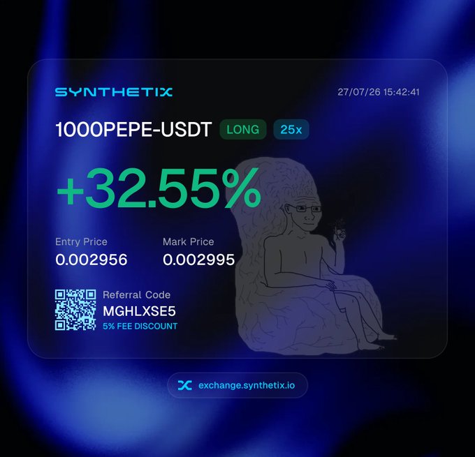 A promotional graphic for the Synthetix exchange shows a +32.55% long position on the 1000PEPE-USDT pair at 25x leverage, with a referral code 'MGHLXSE5' offering a 5% fee discount.
