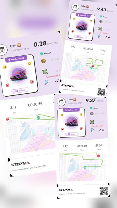 A collage of mobile app screenshots showing fitness tracking metrics for a user named 'Cyber' using the STEPN app, including 'Walker Lv.30' NFT sneakers, steps, and walking distance.