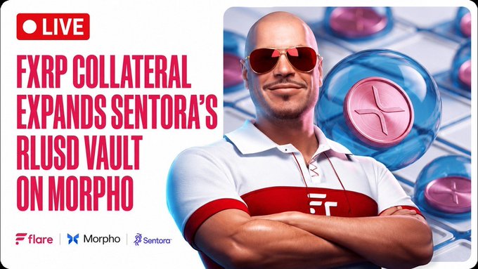 The image is a promotional thumbnail for a YouTube live stream featuring a bald man wearing red sunglasses and a white polo shirt with an FXRP logo, standing with crossed arms against a background of blue and pink XRP-themed bubbles. Bold text reads "LIVE: FXRP COLLATERAL EXPANDS SENTORA'S RLUSD VAULT ON MORPHO," with logos for Flare, Morpho, and Sentora displayed below, tying directly to the post's announcement about Hugo discussing FXRP and RLUSD collateral for institutional XRPFi.