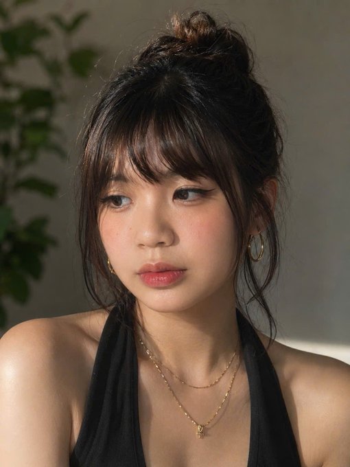 A portrait of a young woman with dark hair styled in a messy bun with bangs, wearing a black halter top, gold layered necklaces, and gold hoop earrings, with a soft indoor background.
