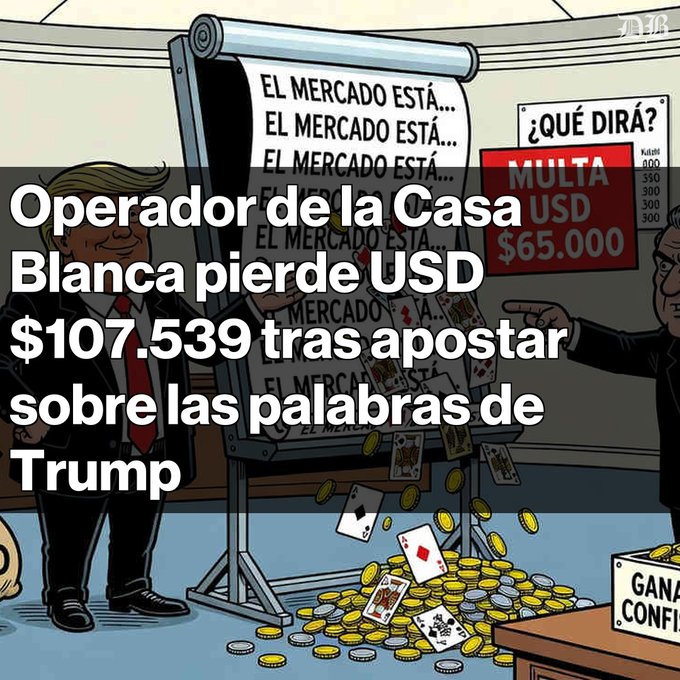 A political cartoon depicts a Trump-like figure standing before a notepad repeatedly listing "EL MERCADO ESTÁ..." with the overlay text "Operador de la Casa Blanca pierde USD $107.539 tras apostar sobre las palabras de Trump."