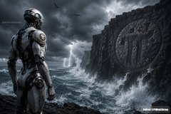 A dramatic digital artwork depicting a humanoid figure overlooking a stormy sea with lightning, featuring a large circular emblem carved into a coastal cliff.