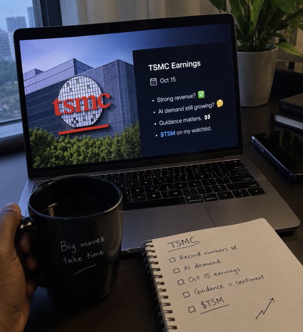 A laptop displaying TSMC's logo alongside a checklist for 'TSMC Earnings Oct 15' covering revenue, AI demand, and guidance, paired with a coffee mug reading 'Big moves take time' and a notebook tracking $TSMC on a watchlist.