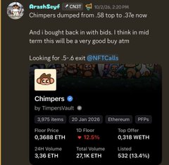 Tweet by @rashkeyf (ArashKeyf) about NFTs and GNT, mentioning Chimpers dipped from .58 top to .37, now looking for .5-.6 exit, with a screenshot of Chimpers NFT stats showing 0.3880 ETH floor price and 3.36 ETH volume.