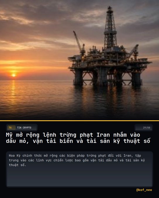A news graphic shows an offshore oil rig at sunset with Vietnamese text: 'Mỹ mở rộng lệnh trừng phạt Iran nhằm vào dầu mỏ, vận tải biển và tài sản kỹ thuật số', with subtext explaining US sanctions targeting Iran's oil, maritime shipping, and digital assets, posted by @kof_new.