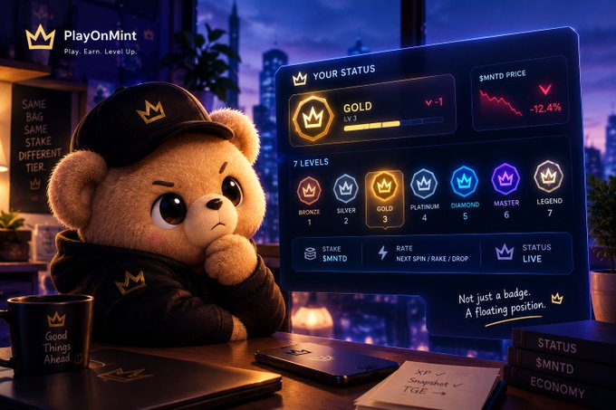A promotional image for 'PlayOnMint' showing a teddy bear in a hoodie alongside a status dashboard displaying 'GOLD Lv.1' with 7 levels including Bronze, Silver, Platinum, Diamond, Master, and Legend, and text reading 'Not just a badge. A floating position.'