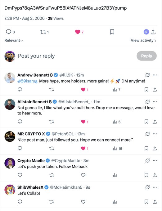 A social media post by @50isarug receiving replies from crypto accounts like Andrew Bennett B, Alistair Bennett, MR CRYPTO X, Crypto Maelle, and ShibWhalesX all asking to collaborate or follow back.