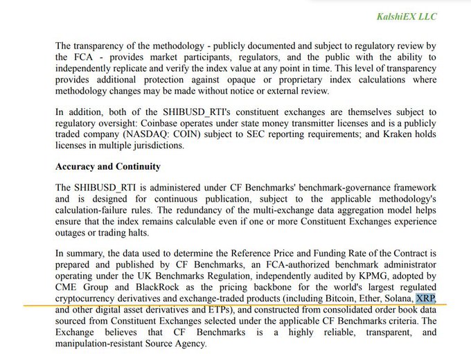 The image shows a document titled "Kalshi files to certify perpetual futures for $XRP, $SOL, $DOGE and other major altcoins in the U.S." The text explains that this document is related to the Kalshi Exchange and is about verifying the exchange's permanent futures contracts. It also mentions that there are two documents provided by the exchange, one of which is a certificate of authenticity for Ripple Cryptocurrency.