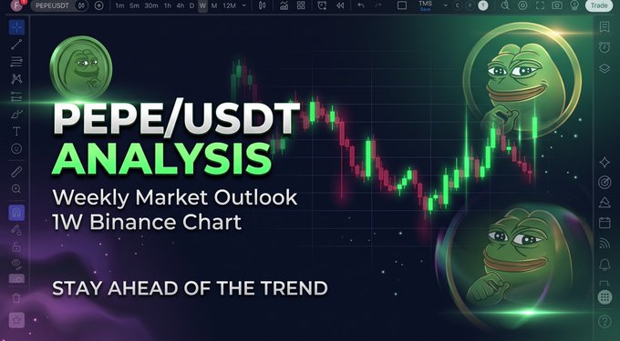 A trading analysis thumbnail titled 'PEPE/USDT ANALYSIS - Weekly Market Outlook - 1W Binance Chart' featuring Pepe the Frog characters and a candlestick chart, with the tagline 'STAY AHEAD OF THE TREND'.