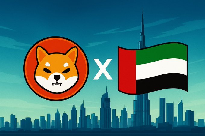Digital illustration showing a Shiba Inu (SHIB) token logo multiplied against a UAE flag with the Dubai skyline and Burj Khalifa in the background.
