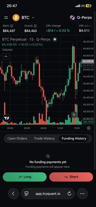 A mobile trading app screenshot showing the 'BTC' perpetual market on 'Q-Perps' with a candlestick chart, a 24h change of +0.02%, and current price of $84,437, with Long and Short buttons at the bottom.