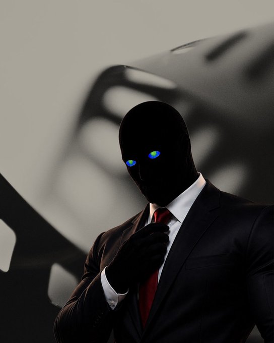 A silhouetted, faceless figure with glowing blue eyes wearing a dark suit and red tie, set against an abstract grayscale background. The mysterious, shadowy aesthetic gives the airdrop announcement a cryptic, anonymous tone, fitting the promotional text inviting users to claim $20 by tagging @Bullsacknft and joining the Discord.