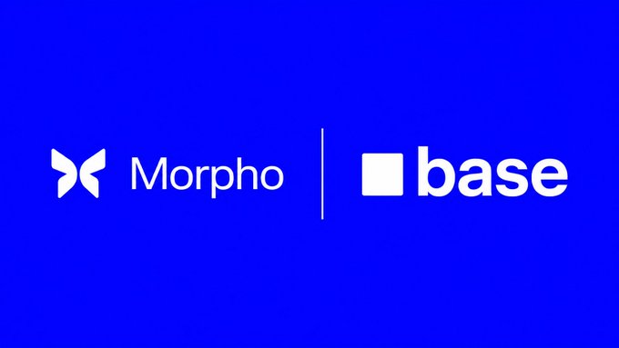The image features the Morpho logo alongside the Base logo on a vibrant blue background, visually representing the launch of Morpho's Midnight fixed-rate credit markets on the Base network.