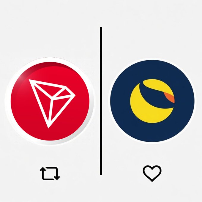 The image displays two cryptocurrency logos side by side, separated by a vertical line: the red TRON ($TRX) logo on the left with a "swap/exchange" arrow icon beneath it, and the dark blue Terra Classic ($LUNC) logo on the right with a heart icon beneath it, visually presenting a choice between the two cryptocurrencies for a 100k USDT investment.