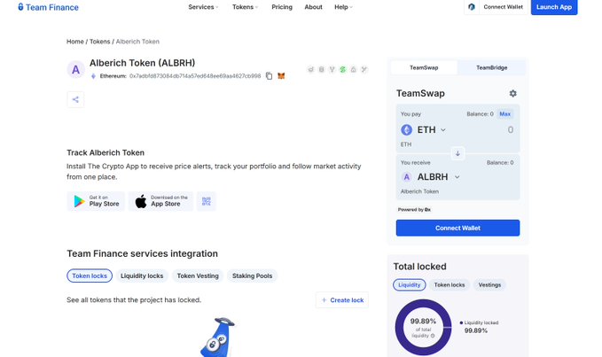 A Team Finance webpage displays information for 'Alberich Token (ALBRH)' on Ethereum, showing TeamSwap swap interface with ETH to ALBRH exchange and a 99.89% liquidity locked indicator.