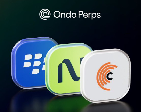 Ondo Perps promotional graphic featuring three stylized app icons in blue, green, and white on a dark background.