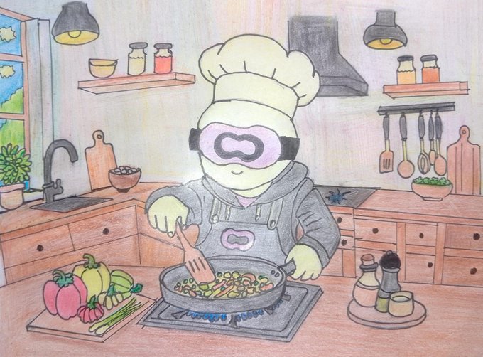 A colored pencil illustration of a green alien-like chef wearing a white chef's hat, purple goggles, and a gray apron cooking vegetables in a pan in a cozy kitchen.