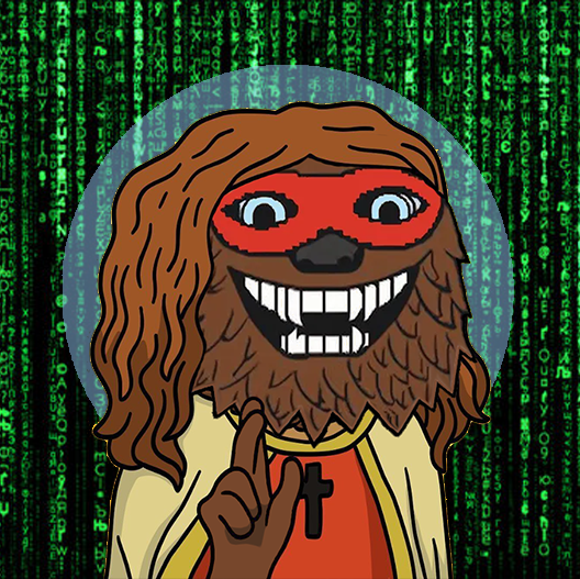 A cartoon illustration of a brown, furry creature wearing a red mask and a cross necklace, set against a green Matrix-style digital rain background.