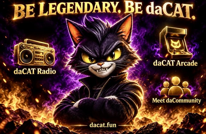 A promotional poster with the tagline 'BE LEGENDARY. BE daCAT.' showing an anthropomorphic cat in a leather jacket, flanked by icons for 'daCAT Radio', 'daCAT Arcade', and 'Meet daCommunity'.
