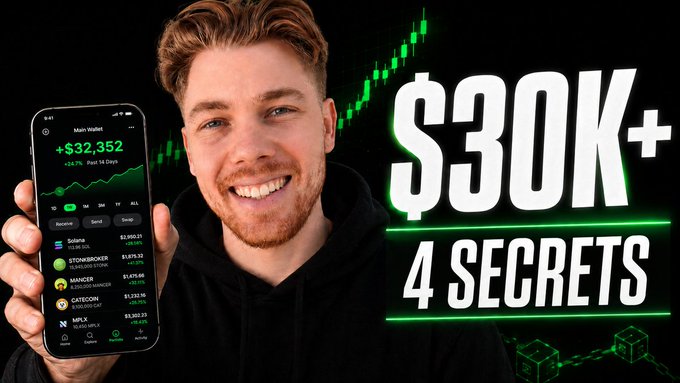 A YouTube-style thumbnail showing a smiling young man holding a smartphone displaying a crypto wallet with '+ $32,352', alongside text reading '$30K+ 4 SECRETS'.