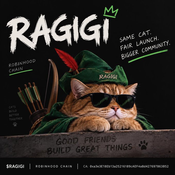 A promotional graphic for '$RAGIGI' on Robinhood Chain featuring a cat dressed as Robin Hood (green hat with feather, sunglasses, bow and arrows) with text 'SAME CAT. FAIR LAUNCH. BIGGER COMMUNITY.', 'CATS BUILD BETTER TOGETHER', and contract address CA: 0xa3e3E18Eb13a25216189cAEF4a8d427697863B52.