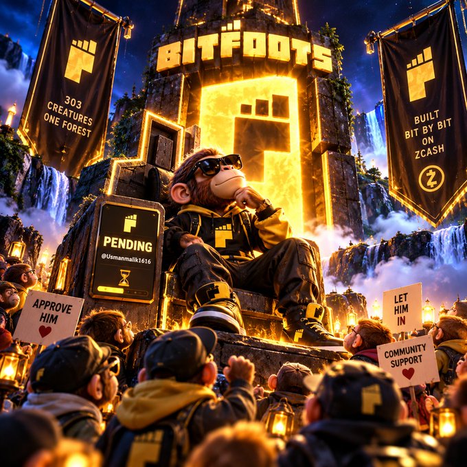 A fantasy-style promotional artwork for 'BITFOOTS' showing a monkey character in black and gold clothing seated on a throne-like stone structure, surrounded by banners reading '303 CREATURES ONE FOREST', 'BUILT BIT BY BIT ON ZCASH', 'APPROVE HIM', 'LET HIM IN', and 'COMMUNITY SUPPORT', with a crowd of supporters below.