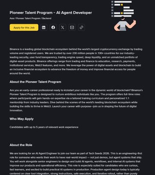 The image shows a job posting webpage for Binance's "Pioneer Talent Program - AI Agent Developer" role, which relates to the accompanying post by announcing Binance's hiring initiative in AI engineering that has allegedly boosted interest in AI Agent tokens like TUT on BNB Chain.