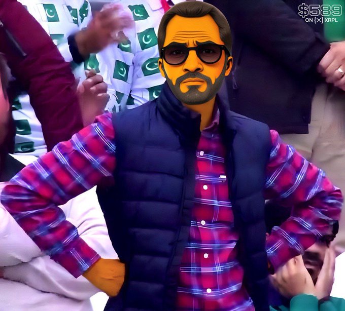 A broadcast shot of a crowd where one man wearing a plaid shirt and dark vest has been digitally edited to have an orange face, sunglasses, and a goatee; an overlay reads '$689 ON [X] XPL'.