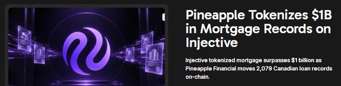 A news graphic with Injective's purple logo, announcing 'Pineapple Tokenizes $1B in Mortgage Records on Injective', noting that Injective tokenized mortgage surpasses $1 billion as Pineapple Financial moves 2,079 Canadian loan records on-chain.