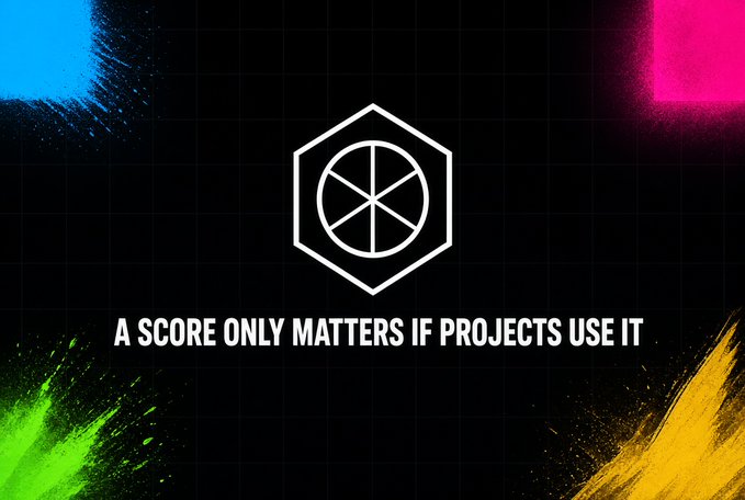 The image displays the NucleusCodes logo—a hexagonal emblem with an internal segmented circle—centered on a black grid background accented by colorful paint strokes in blue, pink, green, and yellow. Below the logo, bold white text reads "A SCORE ONLY MATTERS IF PROJECTS USE IT," reinforcing the post's critique that reputation scores like $AURA are only valuable if projects actually adjust their reward distributions based on them.