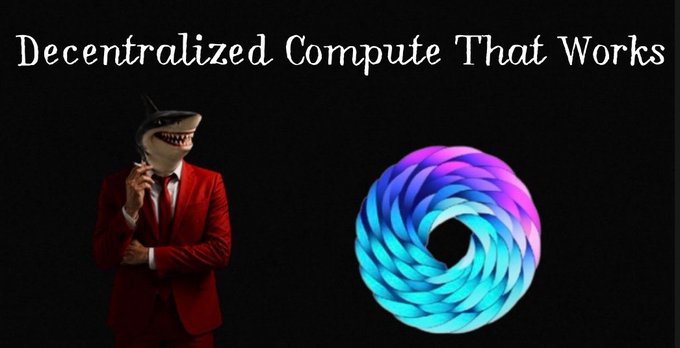 The image features the text "Decentralized Compute That Works" above a figure in a red suit with a shark head and a blue/purple swirling vortex logo, visually representing LinqProtocol's mission to break reliance on centralized cloud providers by offering a decentralized compute alternative.