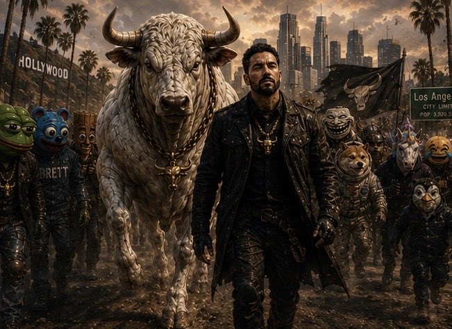 A man in a leather jacket stands alongside a massive white bull and a crew of masked figures, with the Hollywood sign and Los Angeles city limits sign visible in the background, reinforcing the post's bullish prediction that "the bulls will run this market soon."